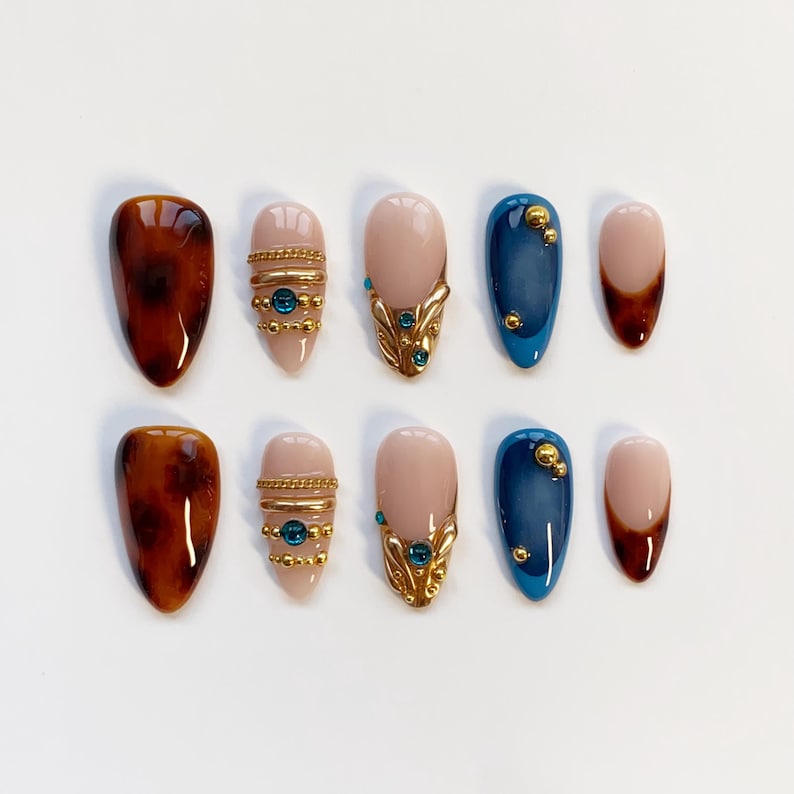 Brown Tortoise Shell Leopard Gold Chrome Long Almond Press On Nails