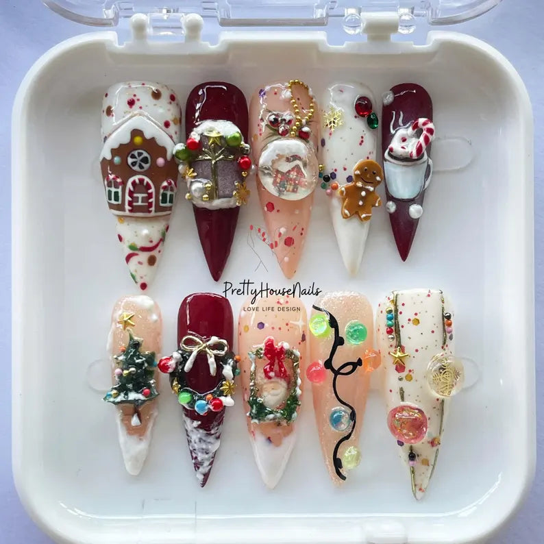 3D Santa Wreath Gingerbread Holiday Lights Christmas Press On Nails
