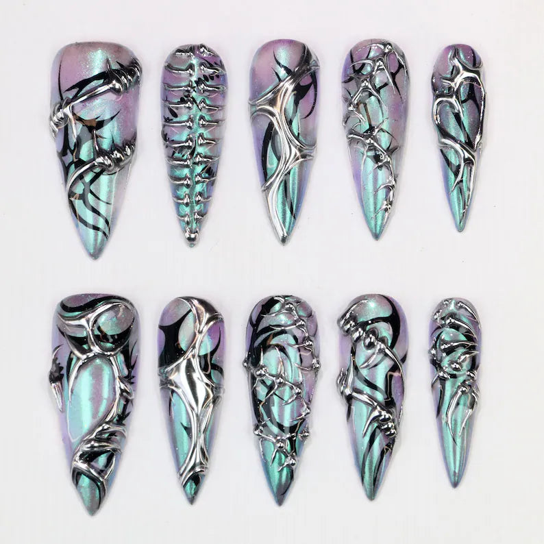 Gothic Thorn Iridescent Metallic Edgy Stiletto Press On Nails