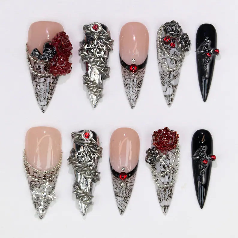 Gothic Rose Dagger Crystal Ornate Dark Romance Press On Nails