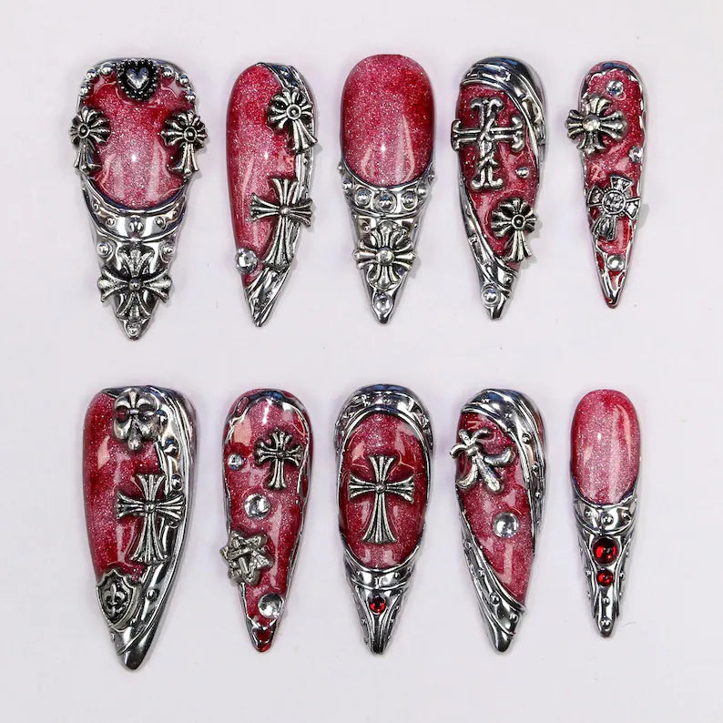 Gothic Red Glitter Chrome Cross Heavy Metal Stiletto Press On Nails