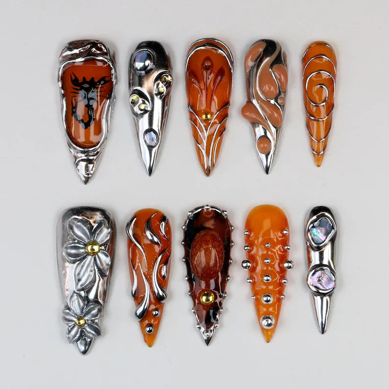 Vintage Metallic Floral Industrial Abstract Stiletto Press On Nails
