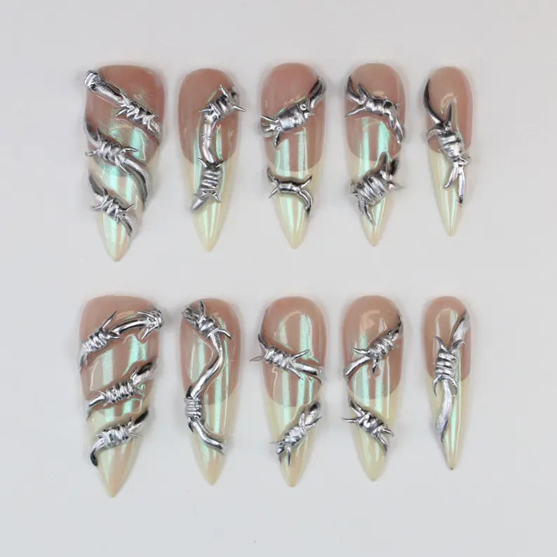 Barbed Wire Metallic Thorn Edgy Nude Gradient Stiletto Press On Nails