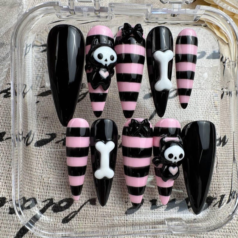 Pink Black Stripe Skeleton Charm Goth Press On Nails