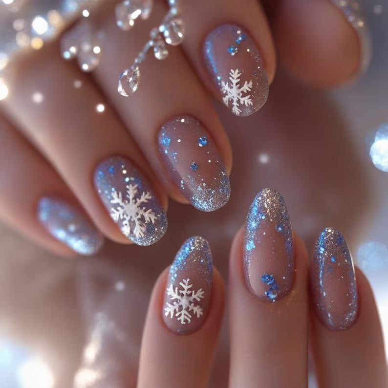Sparkling Icy Gradient Winter Dreamy Blue Snowflake Press On Nails