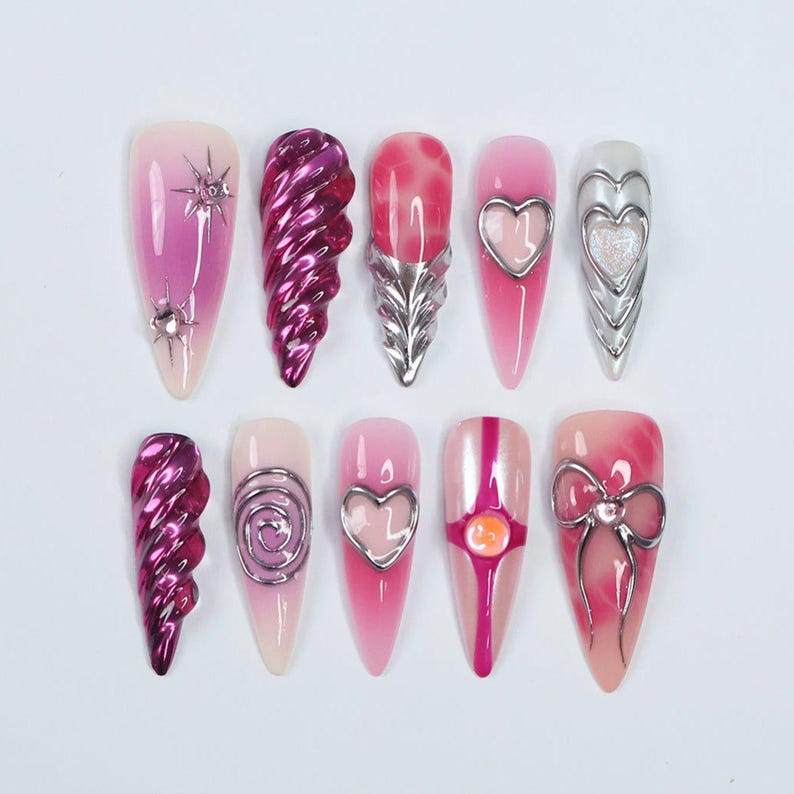 Pink Purple Chrome 3D Fantasy Long Almond Press On Nails