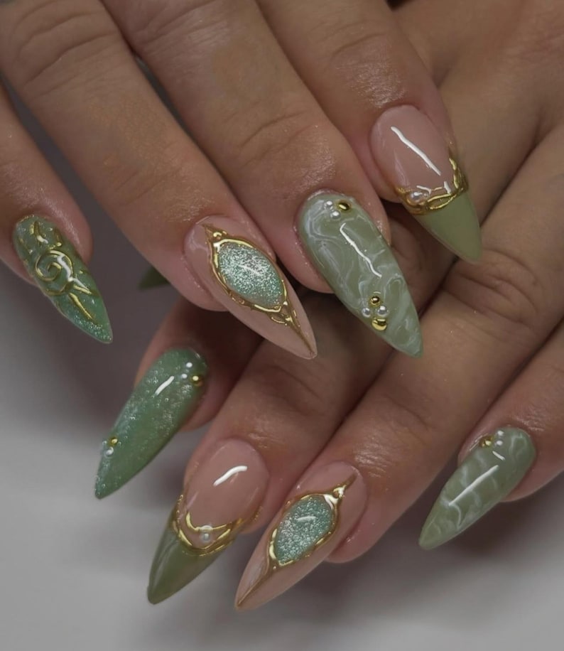 Ombre Green To Gold Chrome Press On Nails