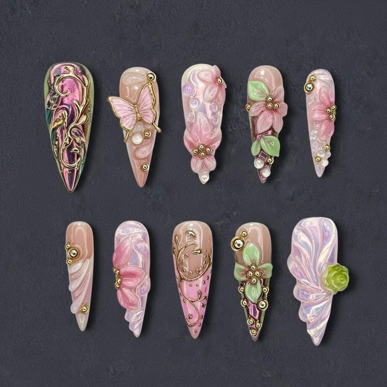 Romantic Pastel Floral & Gold Accent Press On Nails
