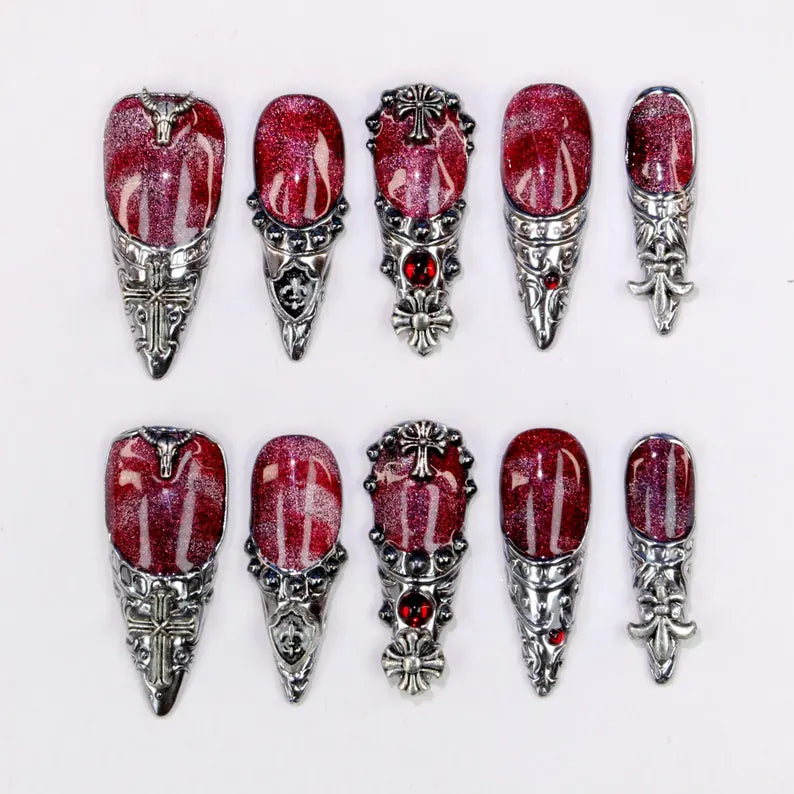 Gothic Red Glitter Silver Ornate Edgy Stiletto Press On Nails
