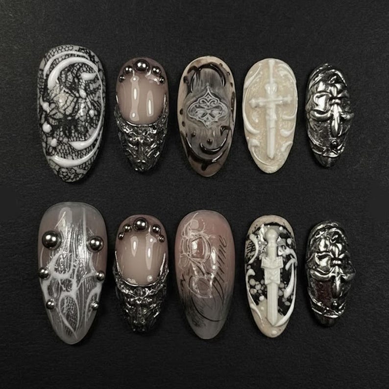 Medieval Armor Chrome Sword 3D Almond Press On Nails