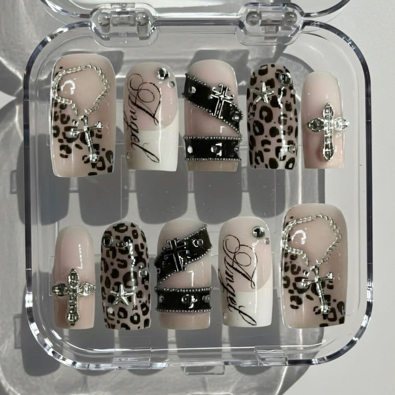 Leopard Chrome Cross Chain Studded Gothic Press On Nails