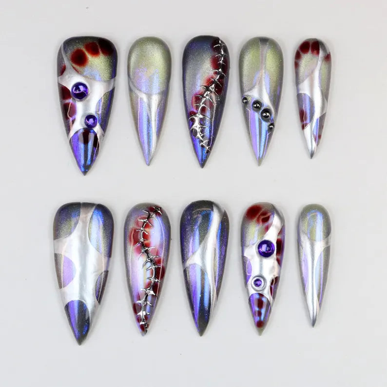 Cyberpunk Stitched Metallic Iridescent Futuristic Stiletto Press On Nails