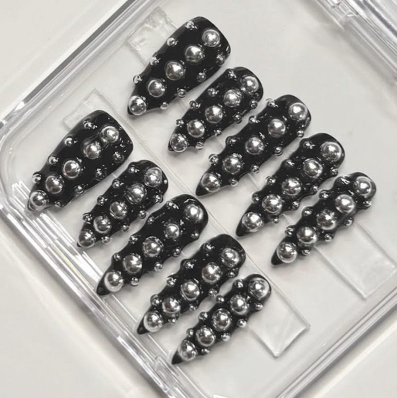 Black Chrome Spiked Stud Gothic Punk Stiletto Press On Nails