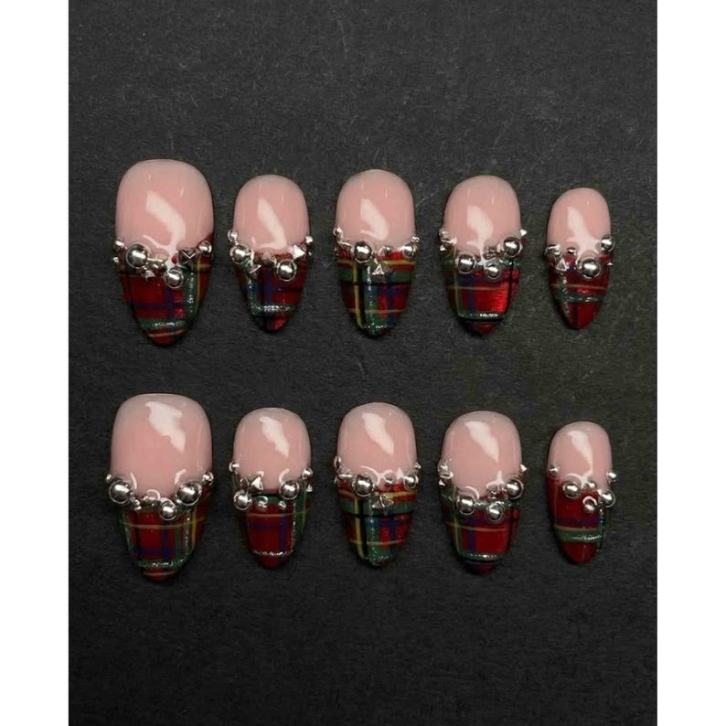 Classic Plaid Studded Almond Press On Nails