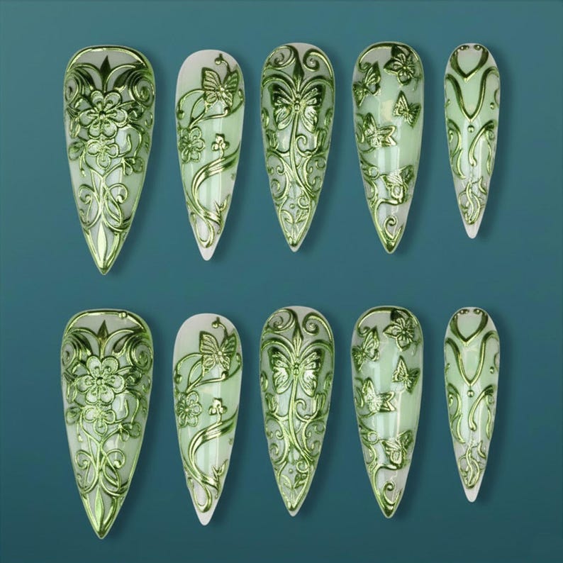 Emerald Chrome Filigree Butterfly Floral Press On Nails