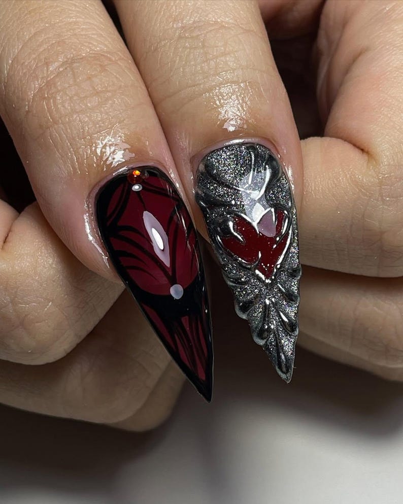 Gothic Red Black Rose Chrome 3D Stiletto Press On Nails