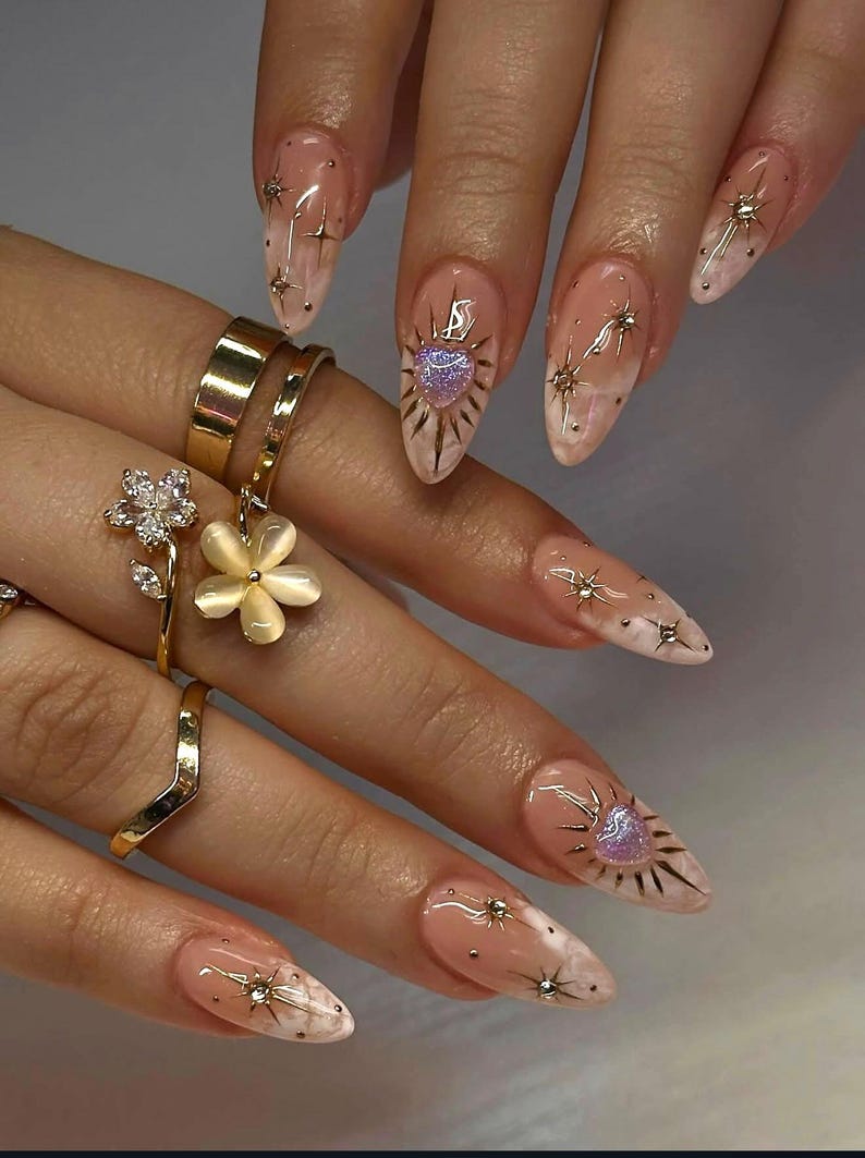 Iridescent Heart Glow Elegant Almond Press On Nails