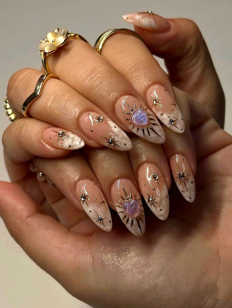 Iridescent Heart Glossy Medium Almond Press On Nails