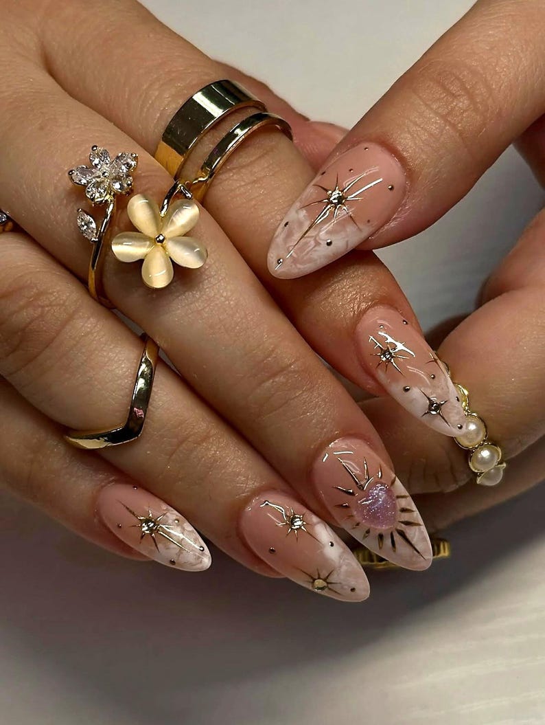 Iridescent Heart Glossy Medium Almond Press On Nails