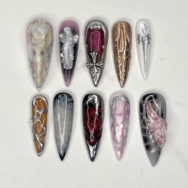 Gothic Angelcore Dark Fantasy Skull Press On Nails