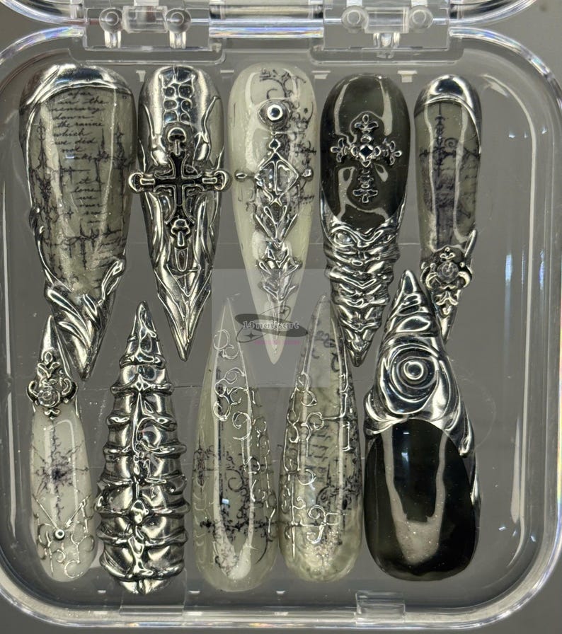 Black Silver Gothic Chrome Cross Statement Press On Nails