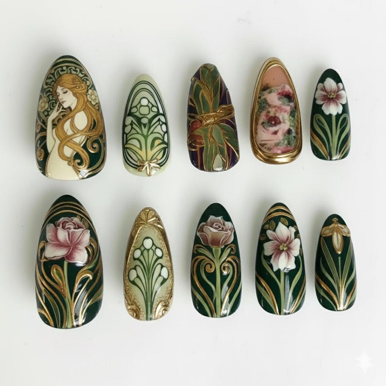 Vintage Green Floral Gold Detail Elegant Press On Nails