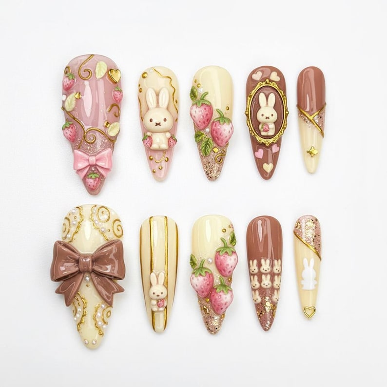 Strawberry Bunny Kawaii Pastel Press On Nails