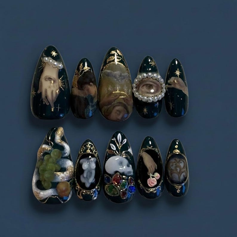 Dark Academia Gothic Portrait Pearl Statement Press On Nails