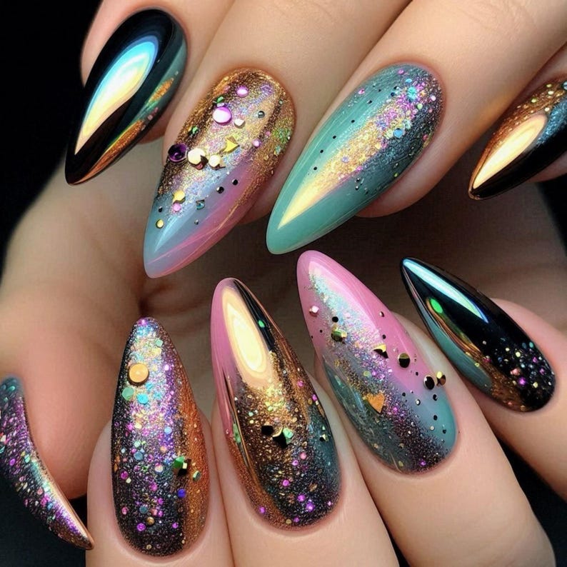 Colorful Glitter Chrome Press On Nails