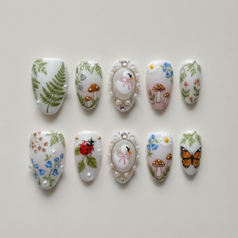 Whimsical Woodland Mushroom Butterfly Floral Press On Nails