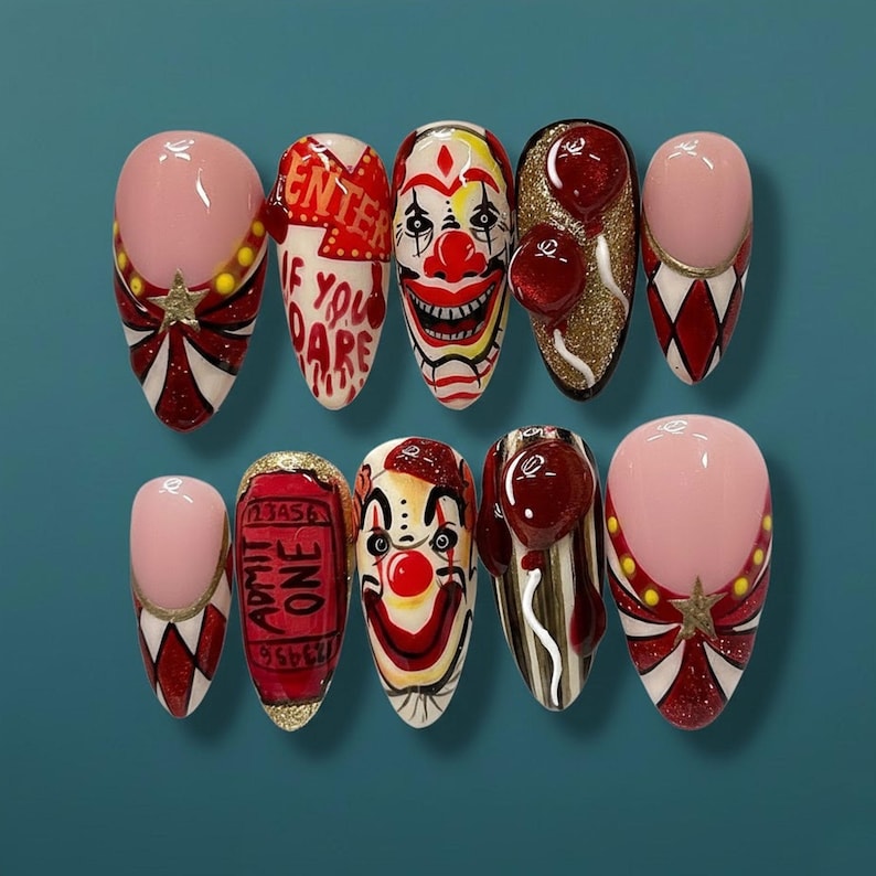 Nightmare Carnival Horror Clown 3D Circus Statement Press On Nails