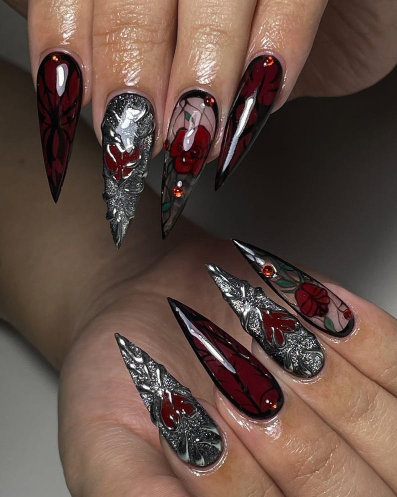 Black Red Gothic Rose Chrome 3D Stiletto Press On Nails
