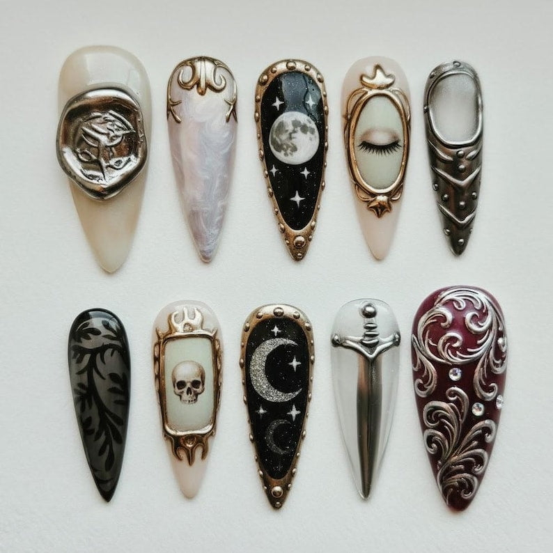 Victorian Gothic Silver Skull Moon Statement Press On Nails