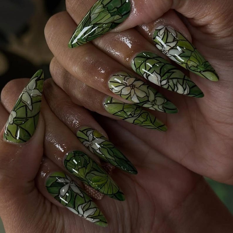 Emerald Leaf Mosaic, White Jasmine Bloom and Art Nouveau Garden Motif Set