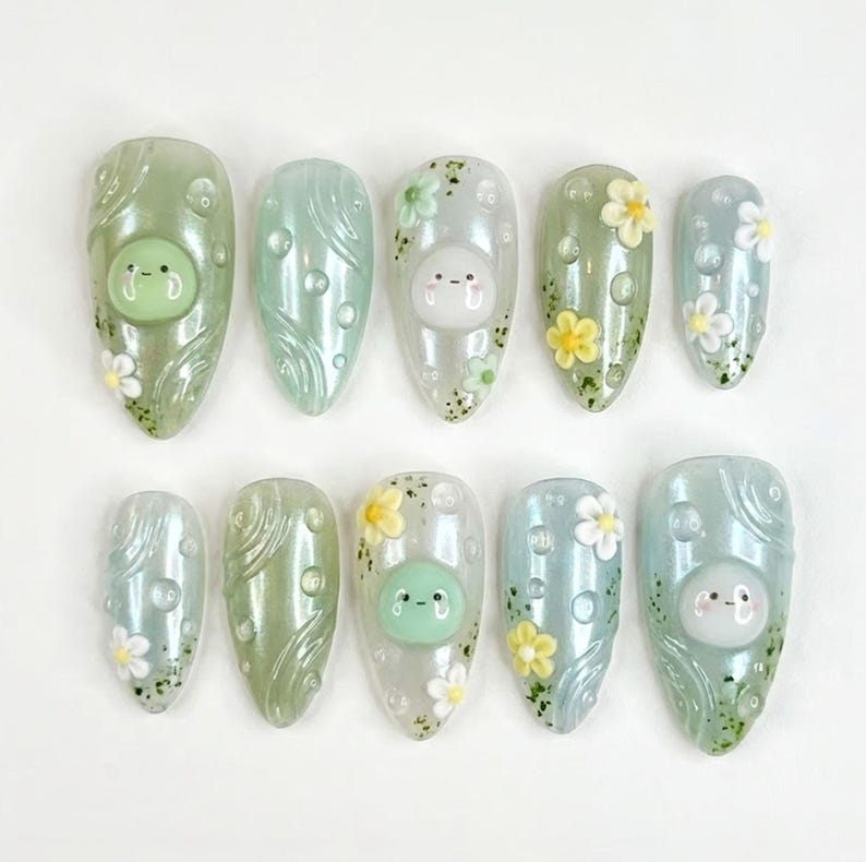 Cute Jelly Frog Floral Garden Kawaii Press On Nails
