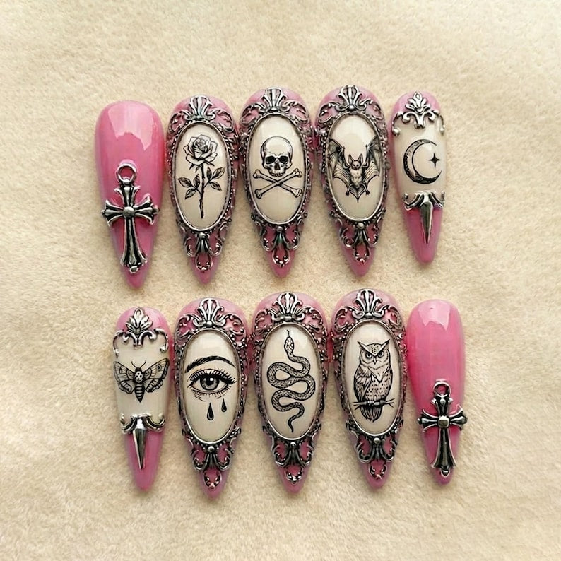 Mystic Gothic Symbol Pink Silver Stiletto Press On Nails