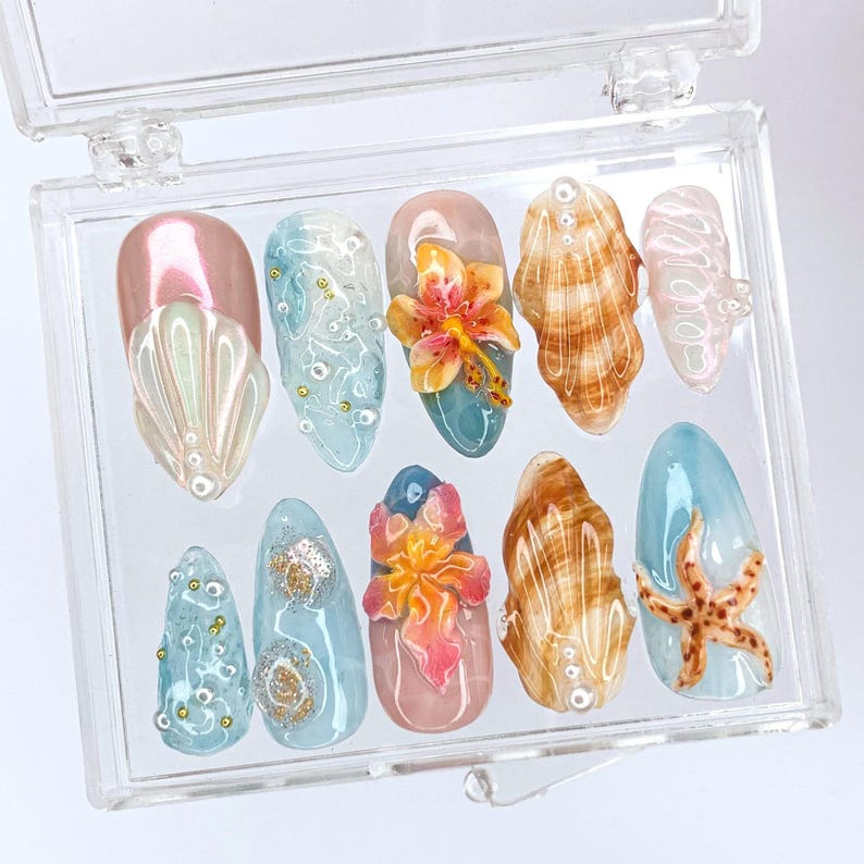 Ocean Blue Hibiscus Floral 3D Press On Nails