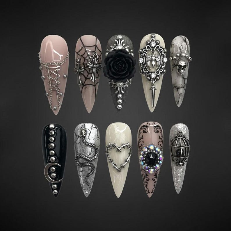 Dark Romance Skull Rose Pearl Cross Press On Nails