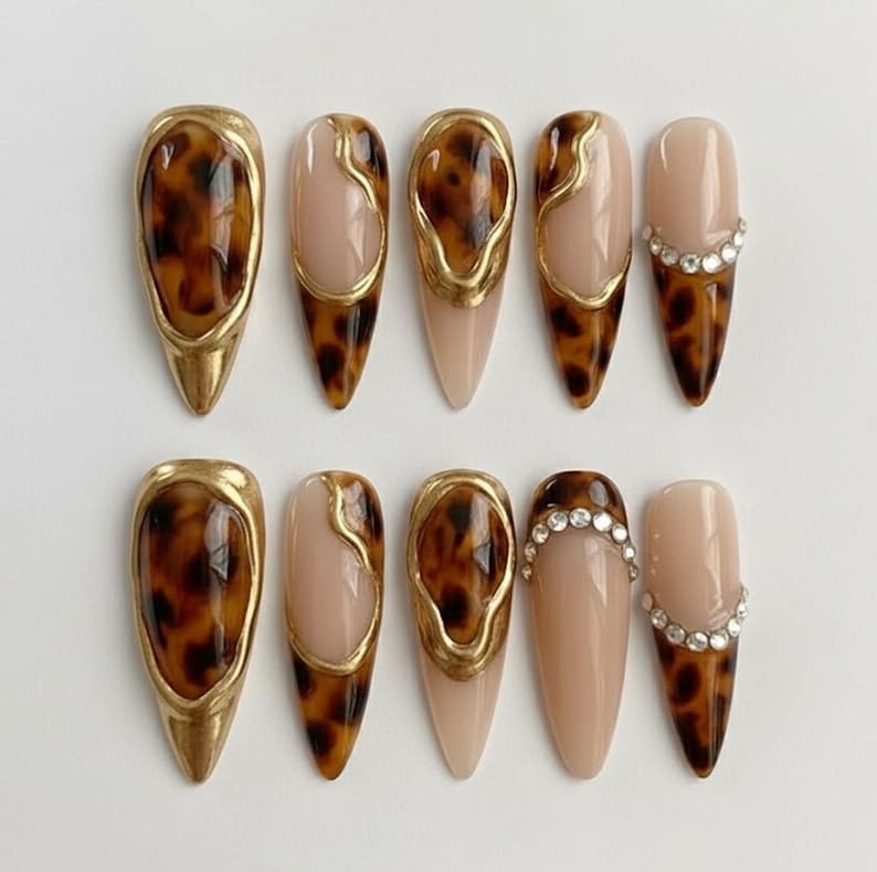 Luxury Tortoiseshell Gold Accent Rhinestone Press On Nails