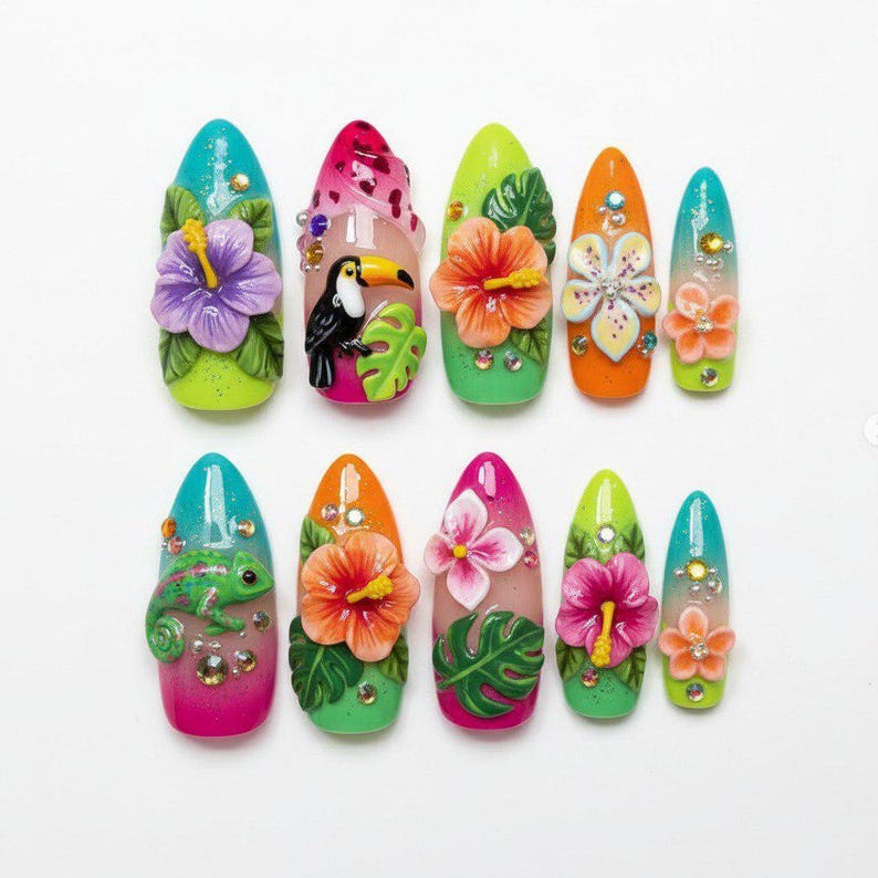Exotic Jungle Floral 3D Summer Press On Nails