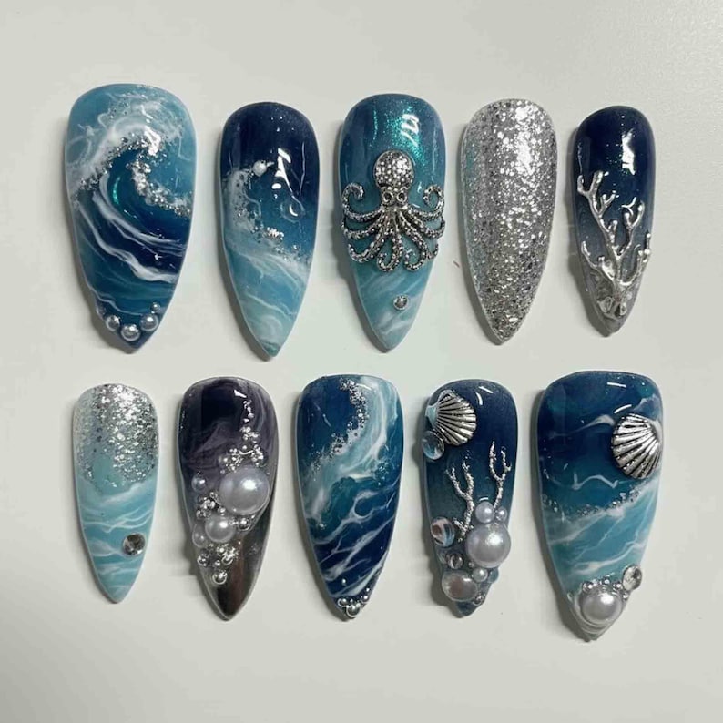 Underwater Wave Pearl Ocean Fantasy Press On Nails