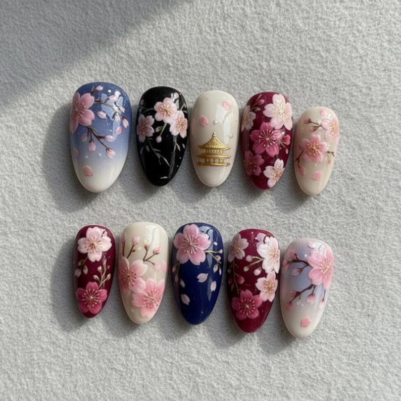 Delicate Pink Floral Spring Garden Almond Press On Nails