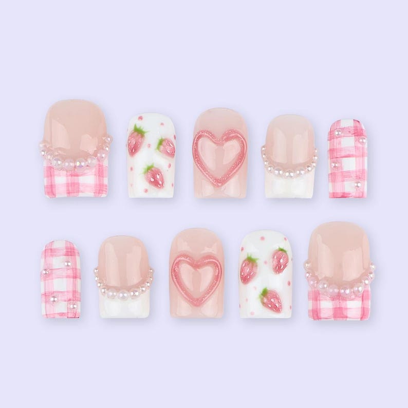 Pink Strawberry Heart Pearl Cute Short Square Press On Nails