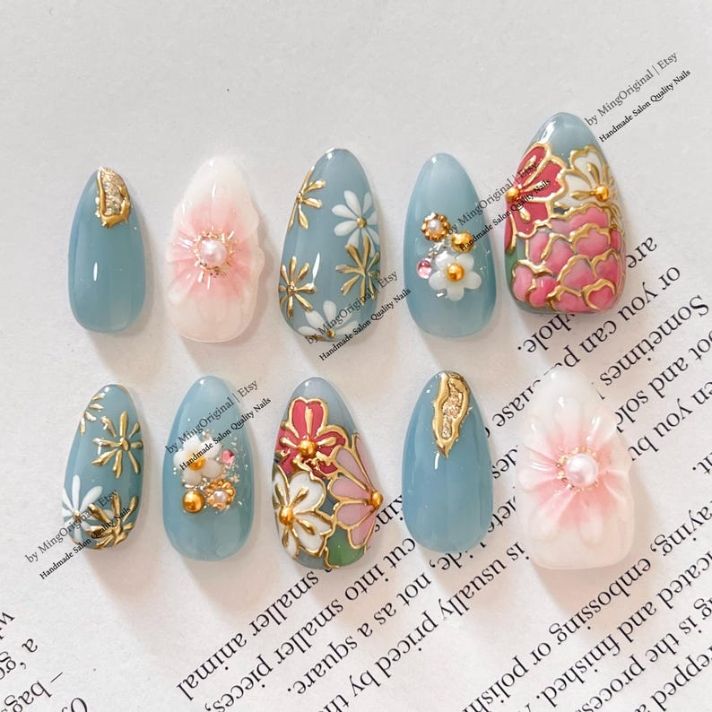 Dusty Blue Ornate Floral 3D Press On Nails