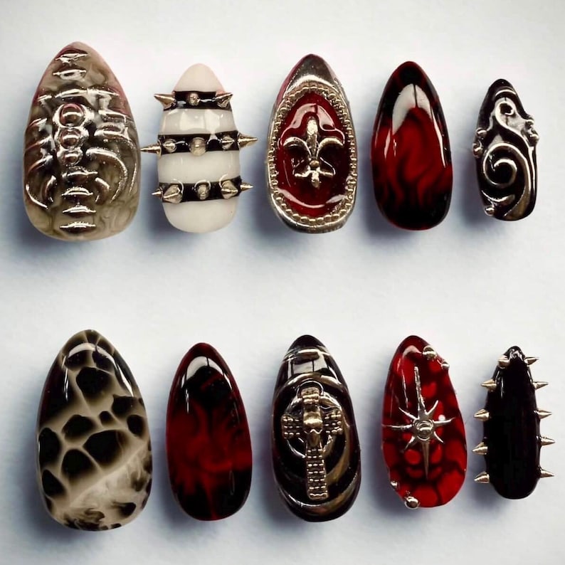 Red Black Grunge Spike Skull Statement Press On Nails