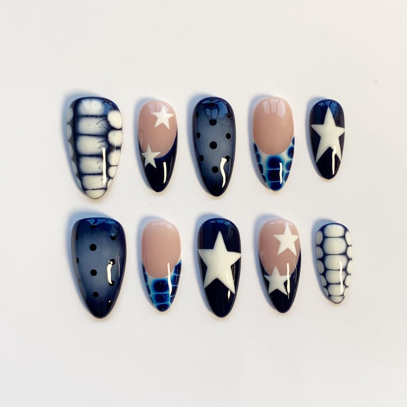 Blue Polka Dot Star Aura Kawaii Y2K Press On Nails
