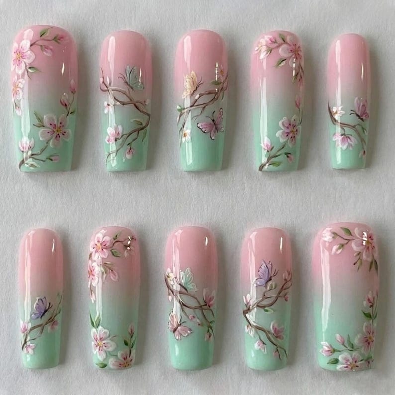 Soft Pink Green Ombre Floral Spring Press On Nails