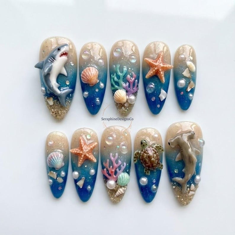 Deep Blue Ocean 3D Sea Life Press On Nails