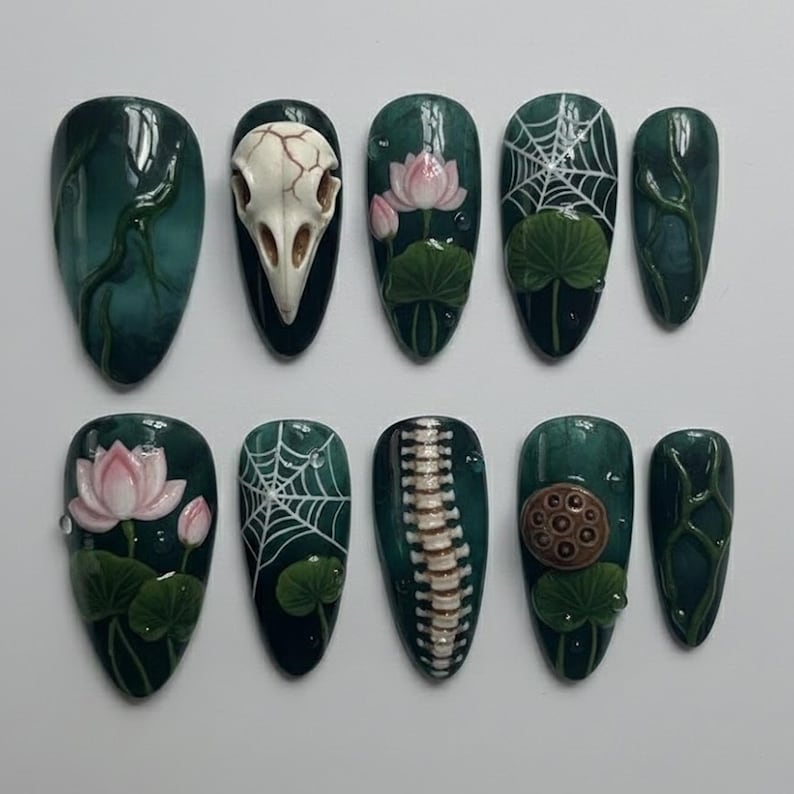 Dark Forest Swamp Core Hand-Painted Gothic Statement Press On Nails