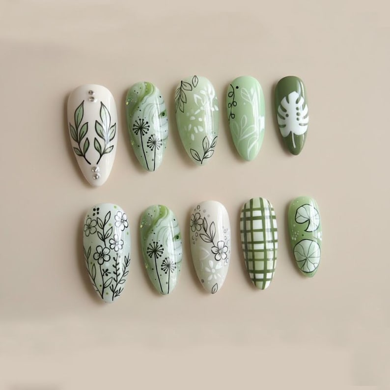 Minimal Botanical Green Floral Hand Painted Press On Nails